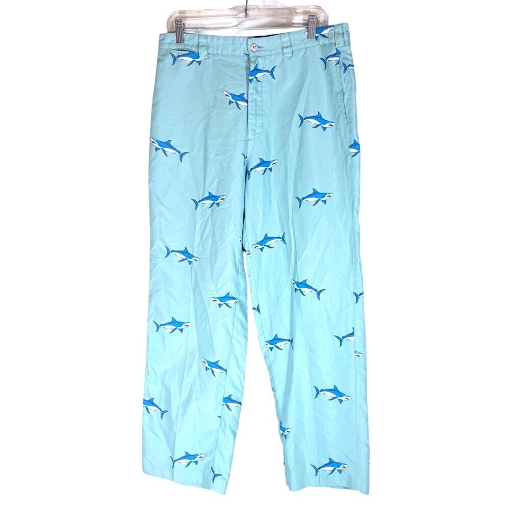 Bermuda Styles light turquoise Blue Shark Print‎ Casual Pants 33 x 29.5"